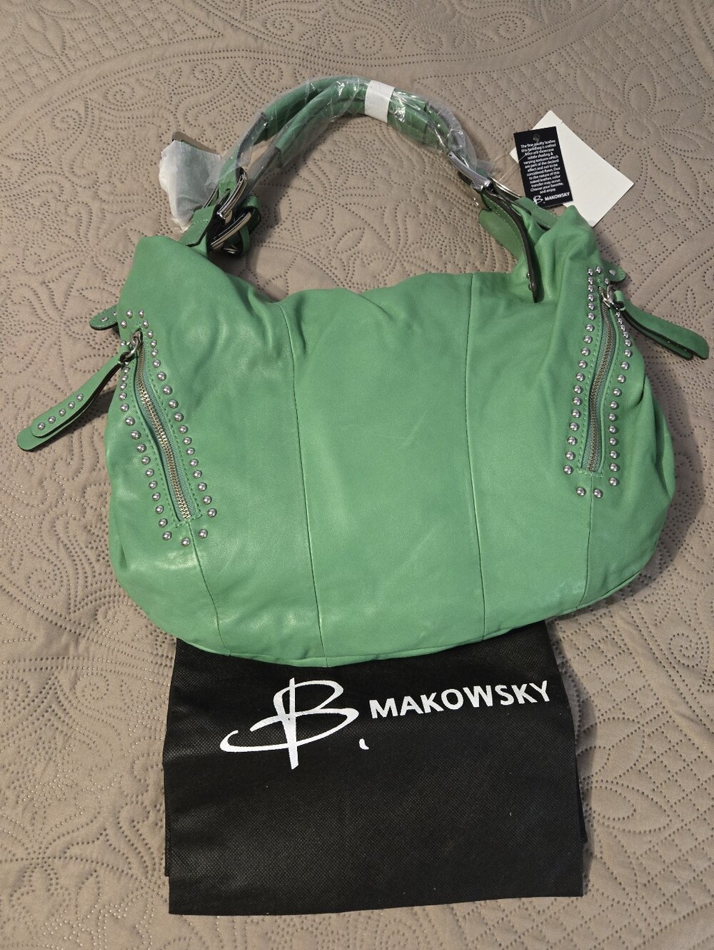 B. Makowsky Leather Green Stud-Accent Hobo Bag, New - Picture 4 of 6
